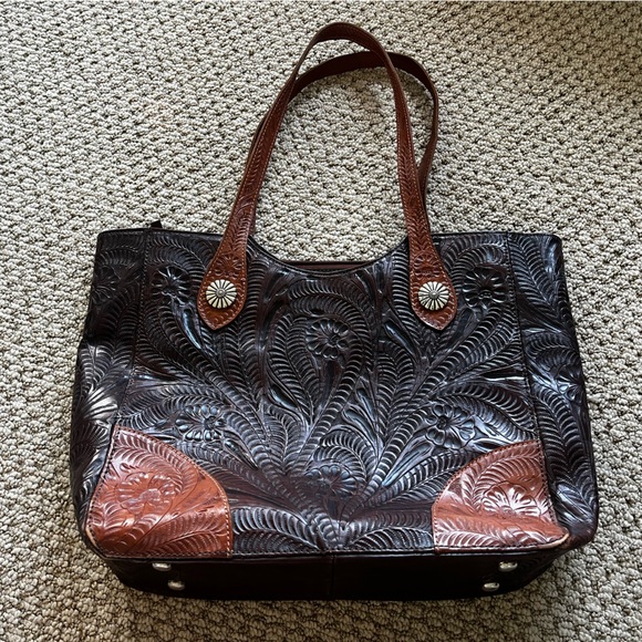 American West Handbags - American West Hand-Tooled Floral Leather Tote in Dark Brown and Tan